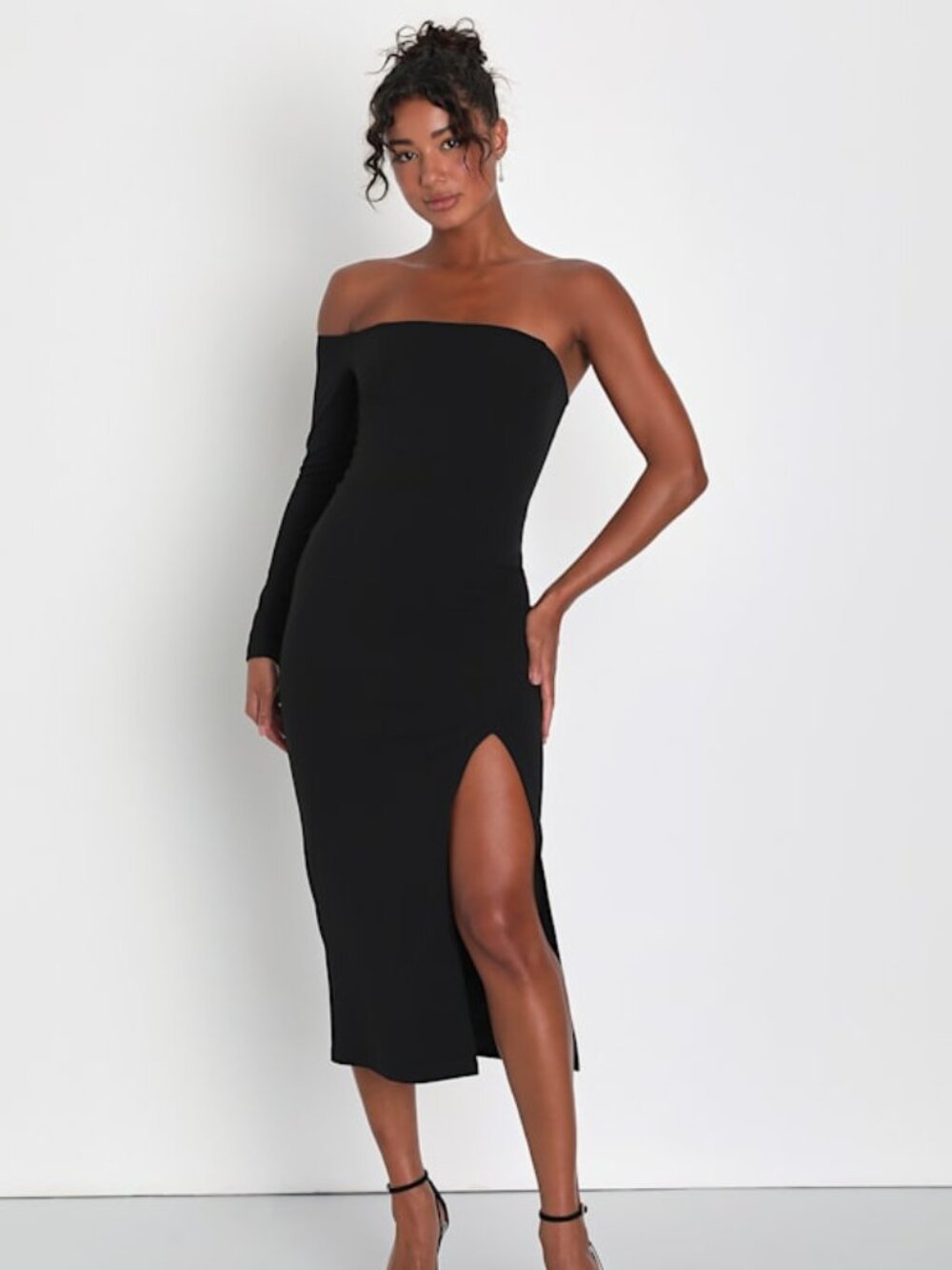 Lulus Modern Stunner Black One-shoulder Bodycon Midi Dress - Size S